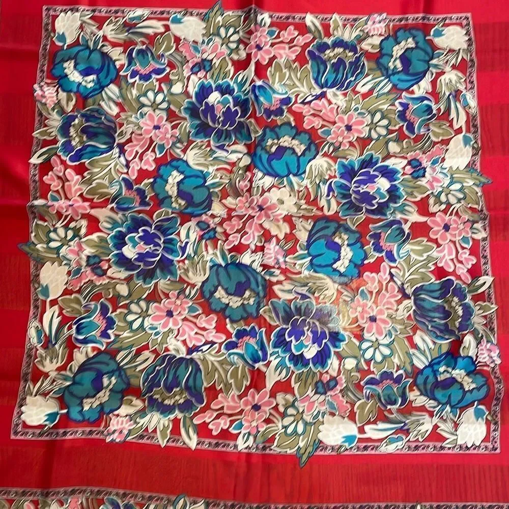 Red, pink, blue, white, & olive floral 31” square Lightweight silky scarf